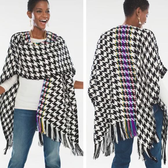 Chico's Houndstooth Ruana Wrap Shall Poncho Knit Sweater Rainbow Tassels Cozy - Picture 7 of 8